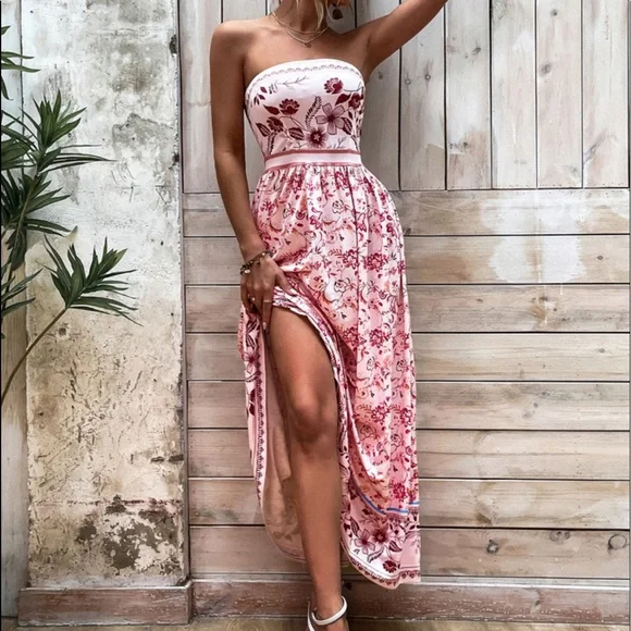Boho Pink Floral Print Tube Maxi Dress - Picture 3 of 11